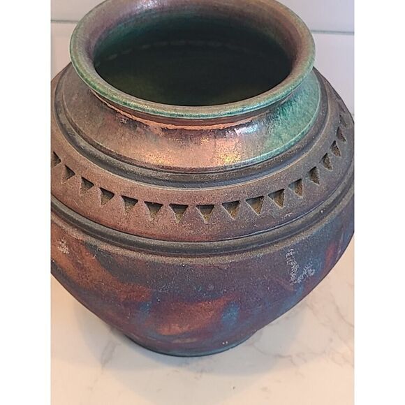 John Melkonian Raku Studio Pottery Vase Incised Triangle Design Signed 2010 EUC - Picture 13 of 16